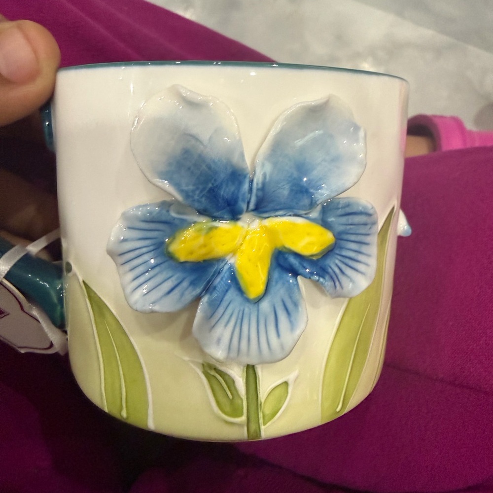 4 Hand-Painted Ceramic Mug with Blue & Yellow Floral Relief